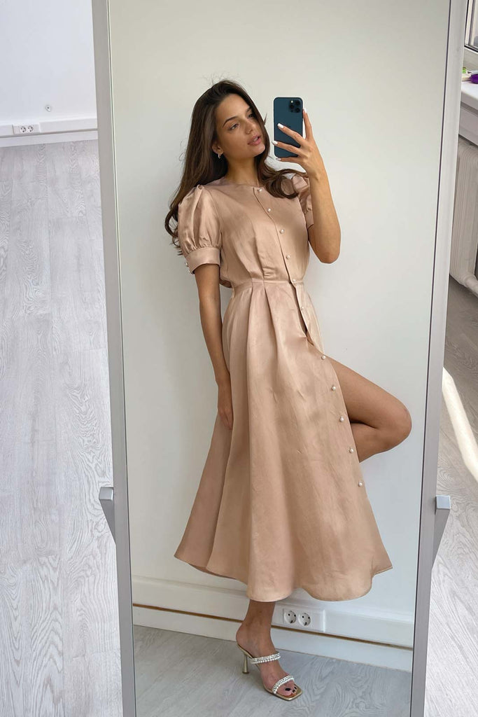 Button Front Midi Dress - POST MERIDIEM