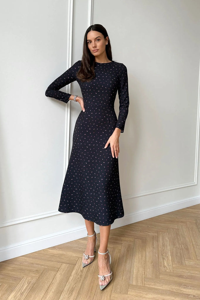 Godet Silhouette Long Sleeve Midi Dress - POST MERIDIEM