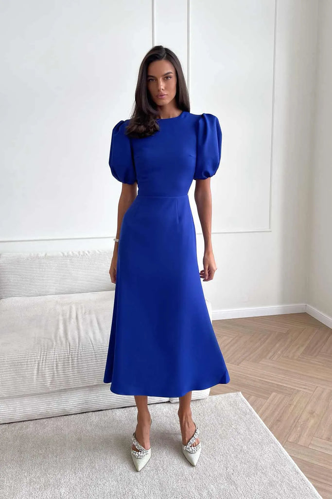 Godet Silhouette Puff Sleeve Midi Dress - POST MERIDIEM