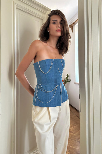Denim Decorated Button Front Top - POST MERIDIEM
