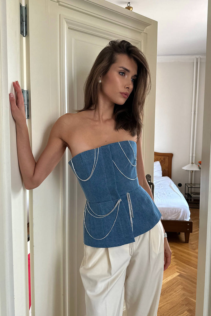 Denim Decorated Button Front Top - POST MERIDIEM