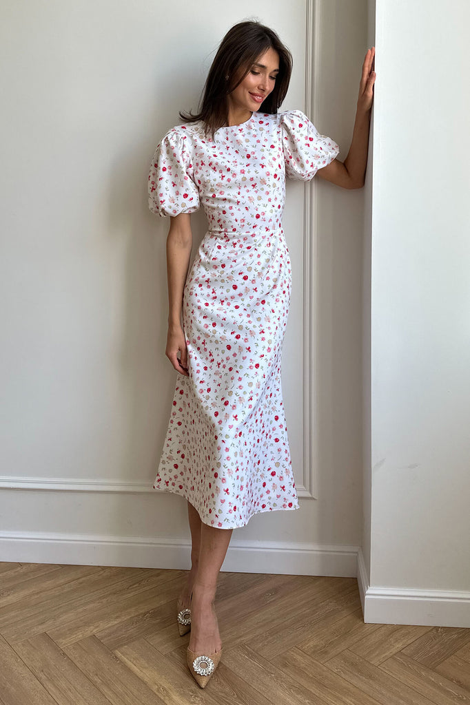 Puff Sleeve Printed Midi Dress - POST MERIDIEM