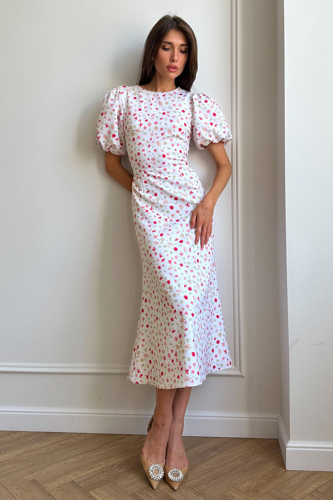 Puff Sleeve Printed Midi Dress - POST MERIDIEM