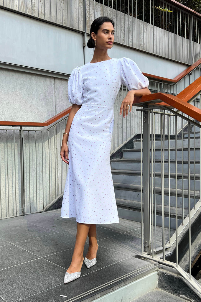 Puff Sleeve Floral Midi Dress - POST MERIDIEM
