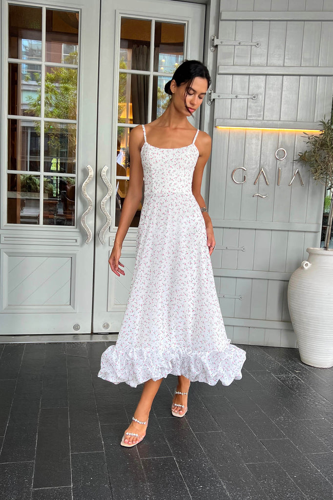 Floral Flounce Bustier Midi Dress - POST MERIDIEM