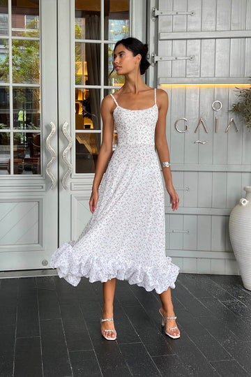 Floral Flounce Bustier Midi Dress - POST MERIDIEM