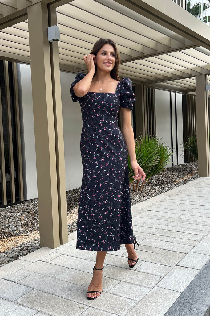 Godet Silhouette Square Neck Midi Dress - POST MERIDIEM