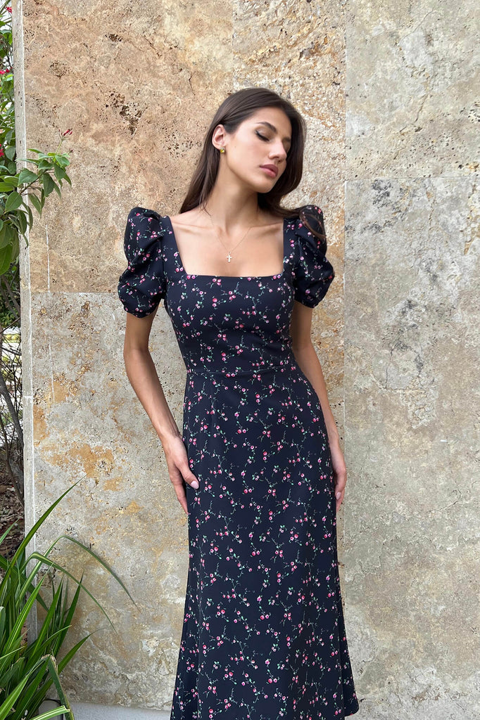 Godet Silhouette Square Neck Midi Dress - POST MERIDIEM