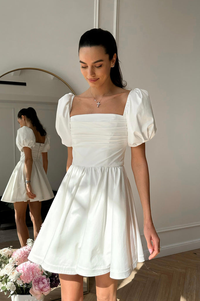 Puffy Sleeve Draped Bodice Mini Dress - POST MERIDIEM