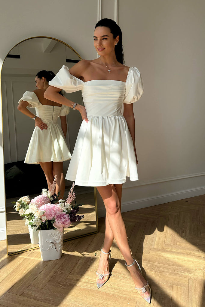 Puffy Sleeve Draped Bodice Mini Dress - POST MERIDIEM