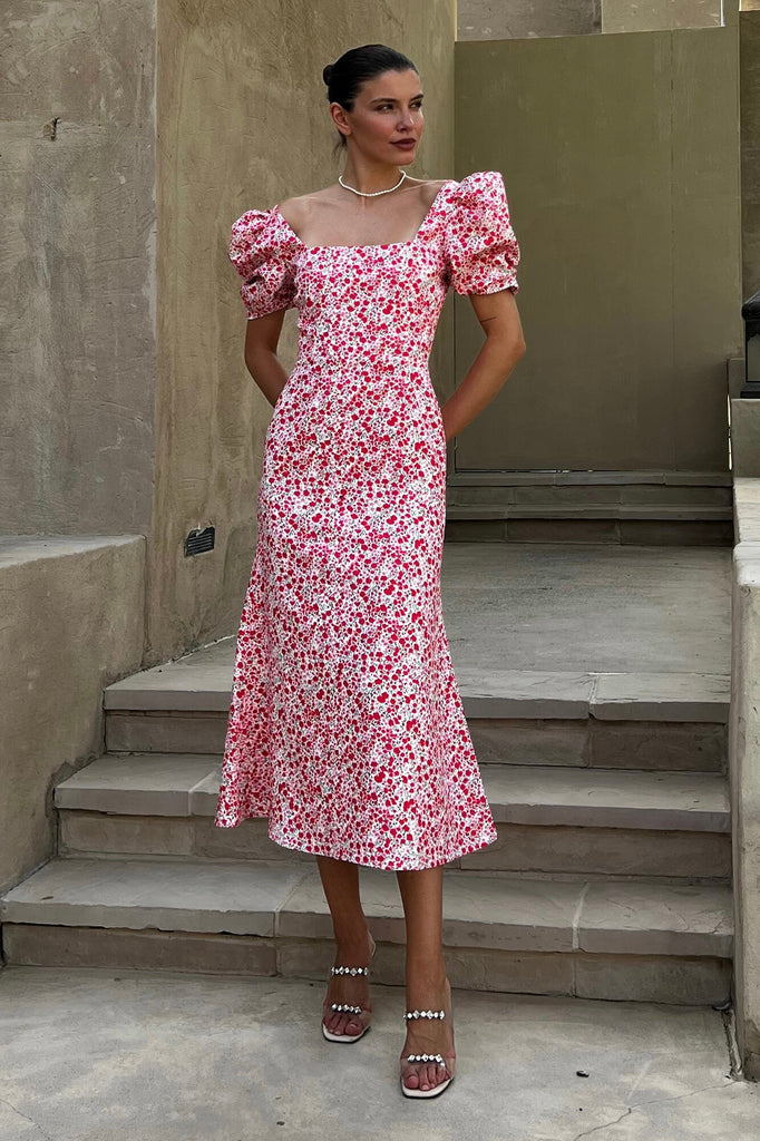 Godet Silhouette Square Neck Midi Dress - POST MERIDIEM