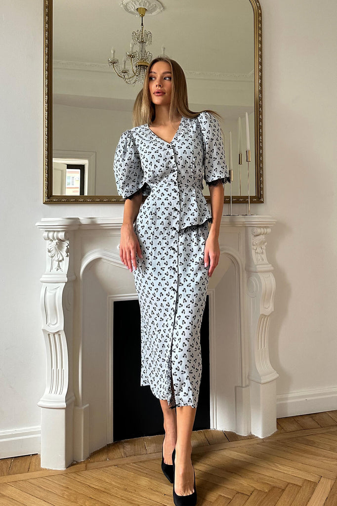 Lace Decorated Button Front Midi Dress - POST MERIDIEM