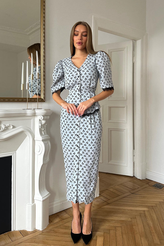 Lace Decorated Button Front Midi Dress - POST MERIDIEM