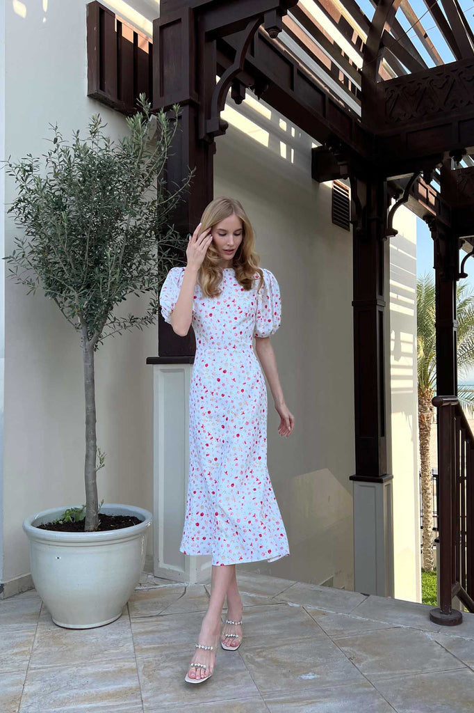 Puff Sleeve Printed Midi Dress - POST MERIDIEM