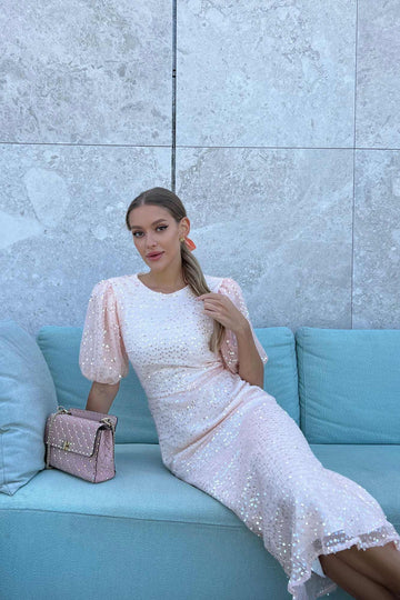 Sequin Puff Sleeve Midi Dress - POST MERIDIEM