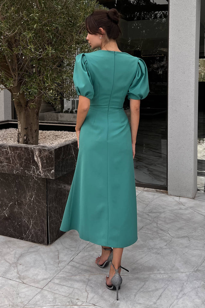 Godet Silhouette Puff Sleeve Midi Dress - POST MERIDIEM