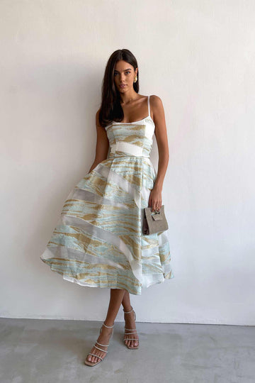 Jacquard Gold Print Bustier Dress - POST MERIDIEM