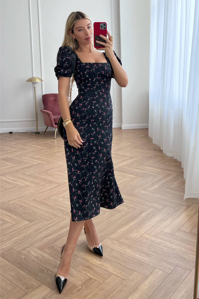 Godet Silhouette Square Neck Midi Dress - POST MERIDIEM