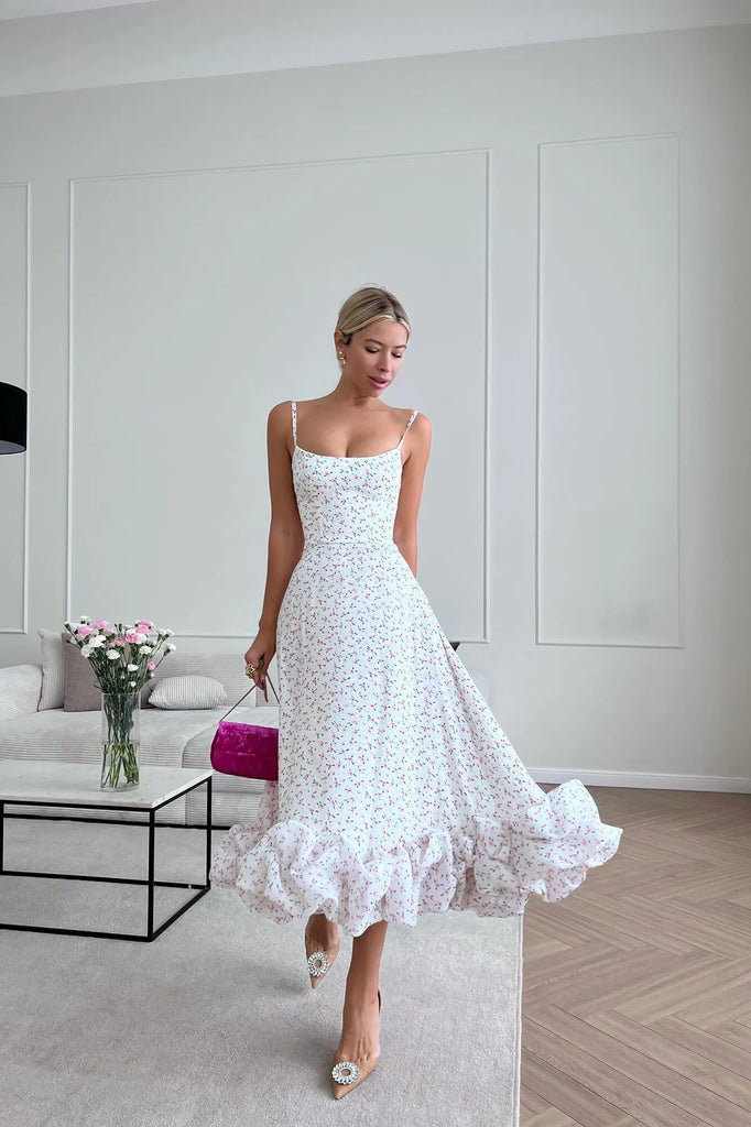 Floral Flounce Bustier Midi Dress - POST MERIDIEM