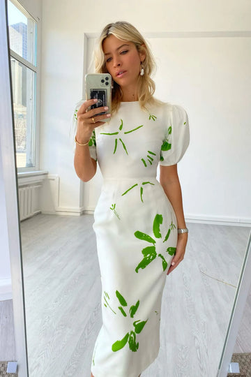 Voluminous Sleeve Abstract Print Midi Dress - POST MERIDIEM