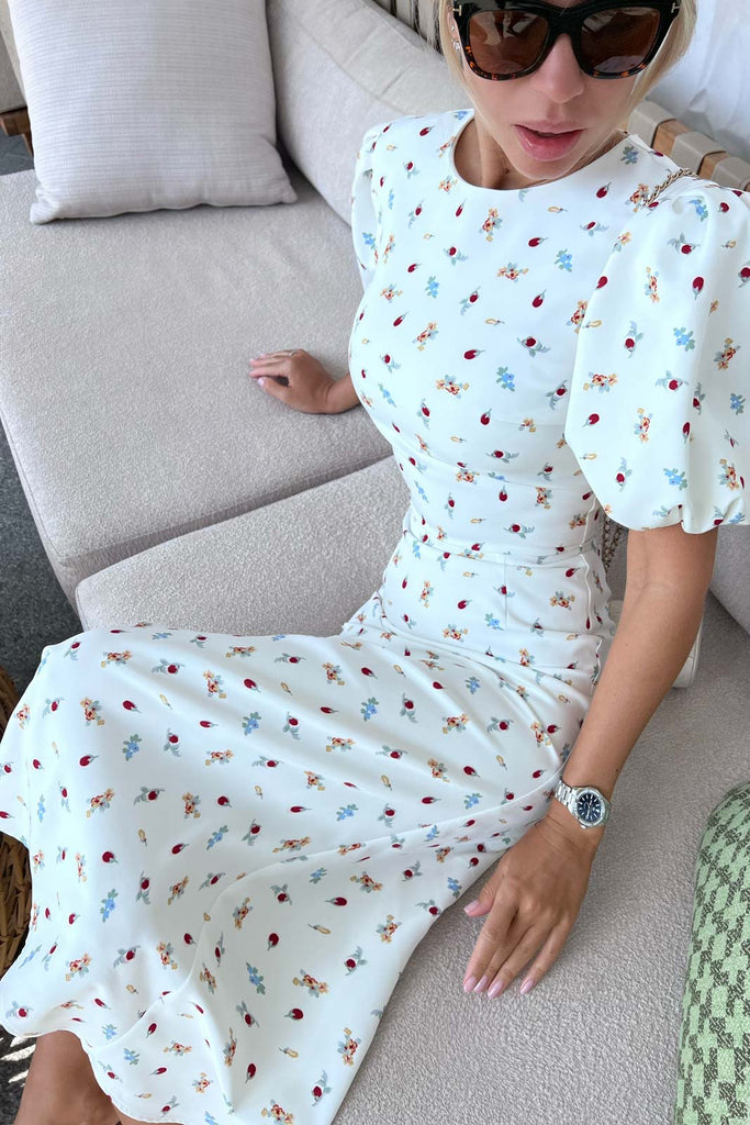 Puff Sleeve Printed Midi Dress - POST MERIDIEM