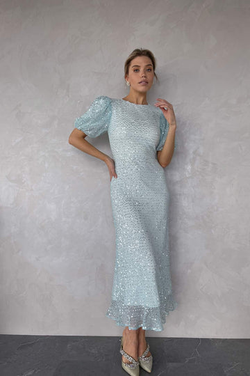 Sequin Puff Sleeve Midi Dress - POST MERIDIEM