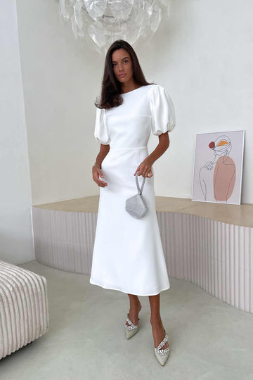 Godet Silhouette Puff Sleeve Midi Dress - POST MERIDIEM