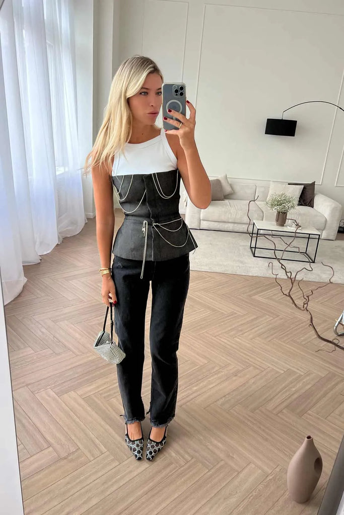 Denim Decorated Button Front Top - POST MERIDIEM