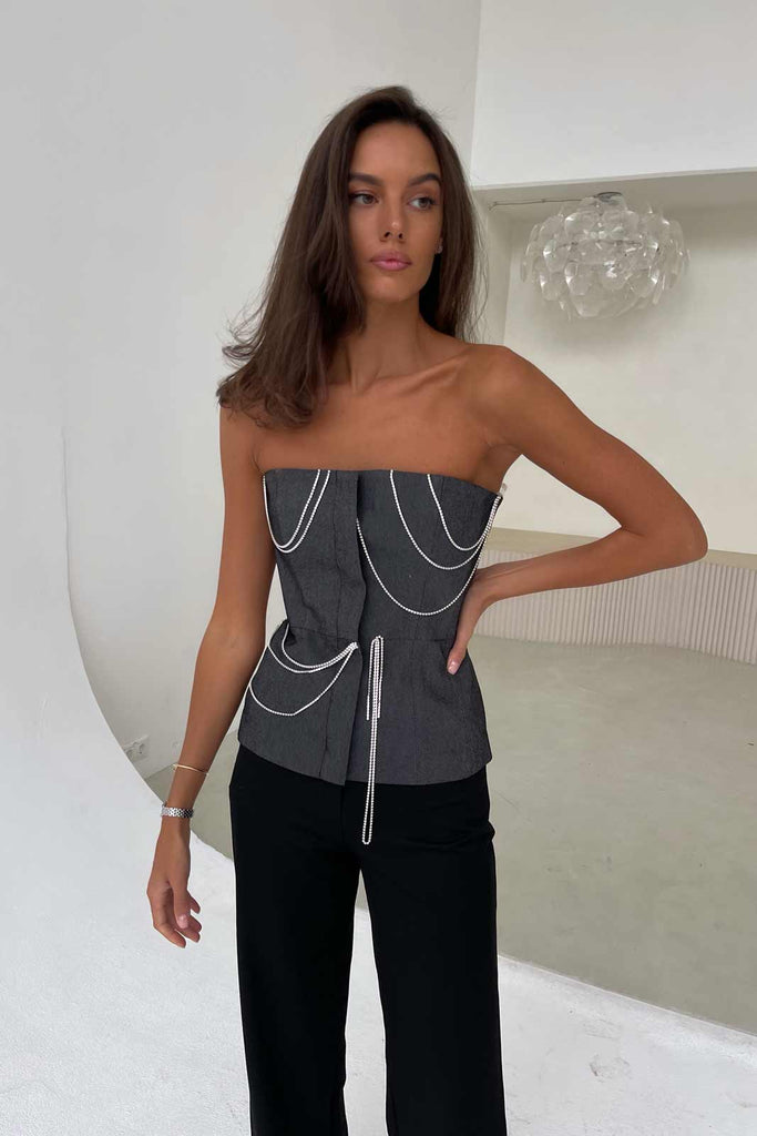 Denim Decorated Button Front Top - POST MERIDIEM